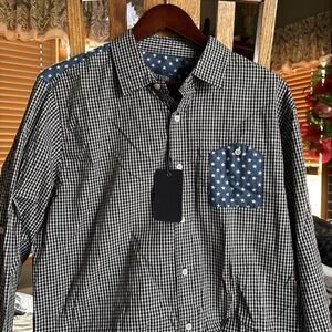 Visitor Shirt Men XL Blue checkered STARS Button Up Long Sleeve Preppy BUTTON UP